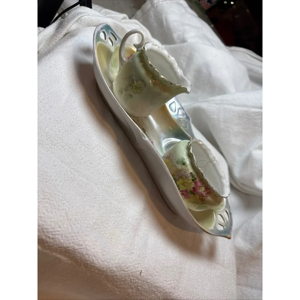 Vintage Hand Painted Porcelain Creamer Sugar Bowl‎ and Tray Floral IPP Germany